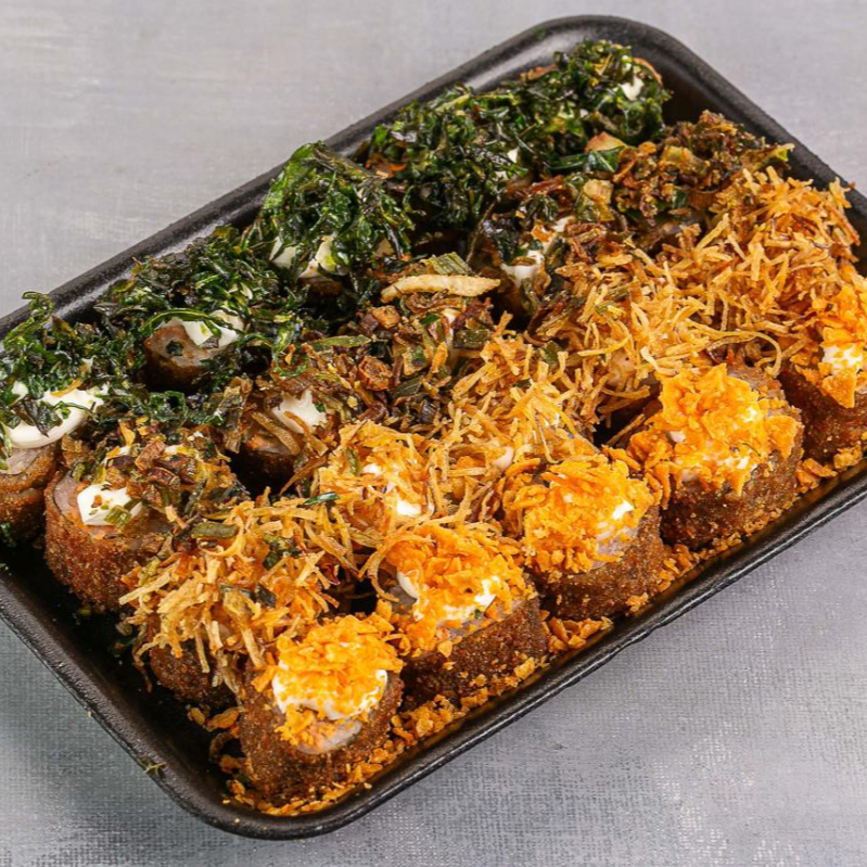 5 hot holl com cream cheese e Doritos 5 hot holl com cream cheese e couve Crispy 5 hot roll com cream cheese e batata Crispy 5 hot holl com cream cheese e cebolinha Mandamos shoyu e tarê Serve 1 pessoa