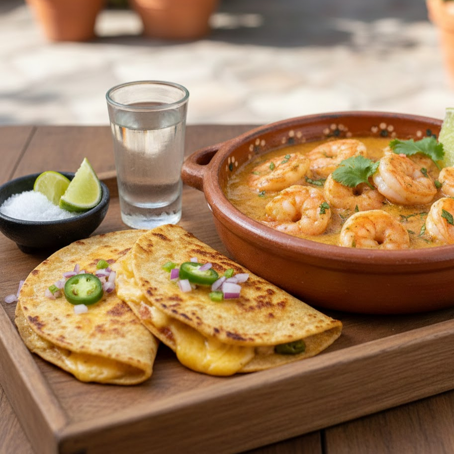 Camarão rosa ao molho de Tequila. Acompanhado de tortilha com queijo