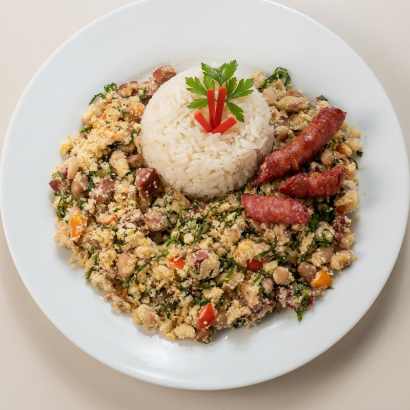 A 'Marmitex Tropeiro (Grande)' é uma opulenta refeição, ideal para o almoço. Composta por um arroz branco de grãos soltinhos, acompanhado por um autêntico Feijão Tropeiro, repleto de sabor e tradição.Para completar, uma opção à sua escolha entre Batata Chips crocante ou Mandioca macia, e uma fresca Salada Tropical, trazendo um colorido e saboroso contraponto. Um prato substancial e equilibrado, perfeito para quem busca uma refeição completa e deliciosa.