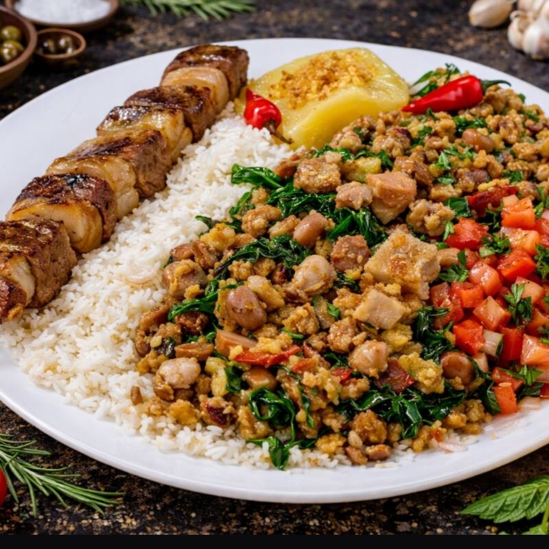 Arroz , feijao tropeiro , vinagrete e mandioca + espetos