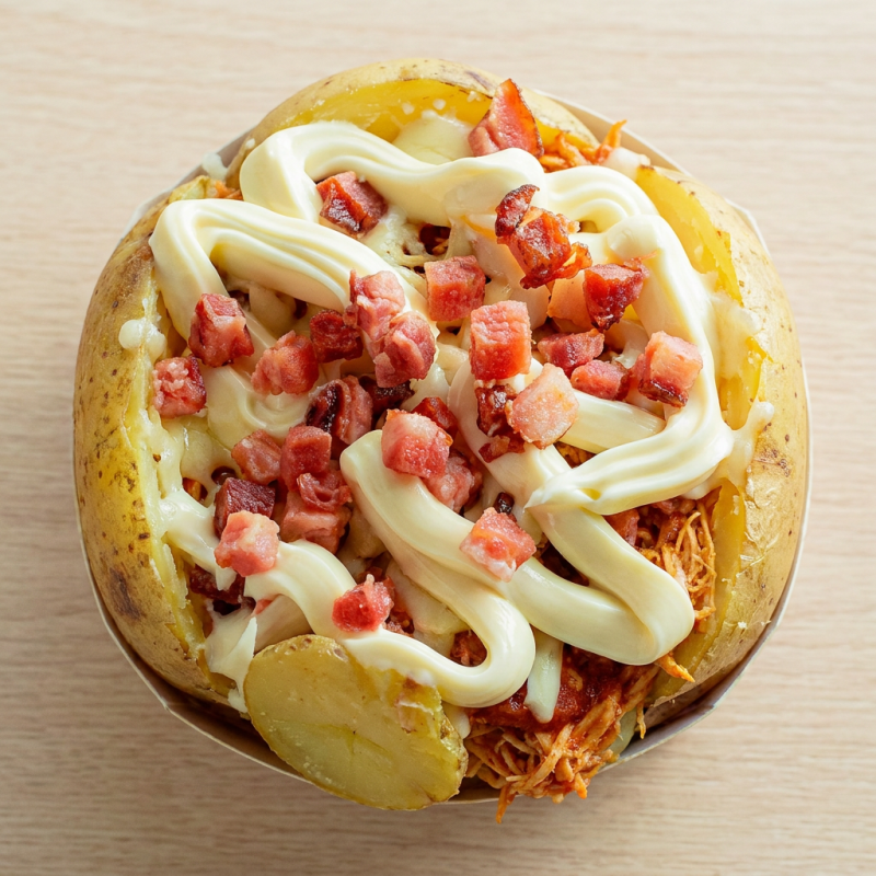 Batata assada recheada com, frango desfiado ao molho sugo, muçarela, bacon em cubos, calabresa ralada e Catupiry