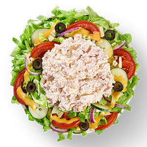 Salada Acompanha, alface, tomate, cebola roxa, pepino, azeitona, queijo mussarela e molho de mostarda e mel e acompanhamentos a sua escolha.