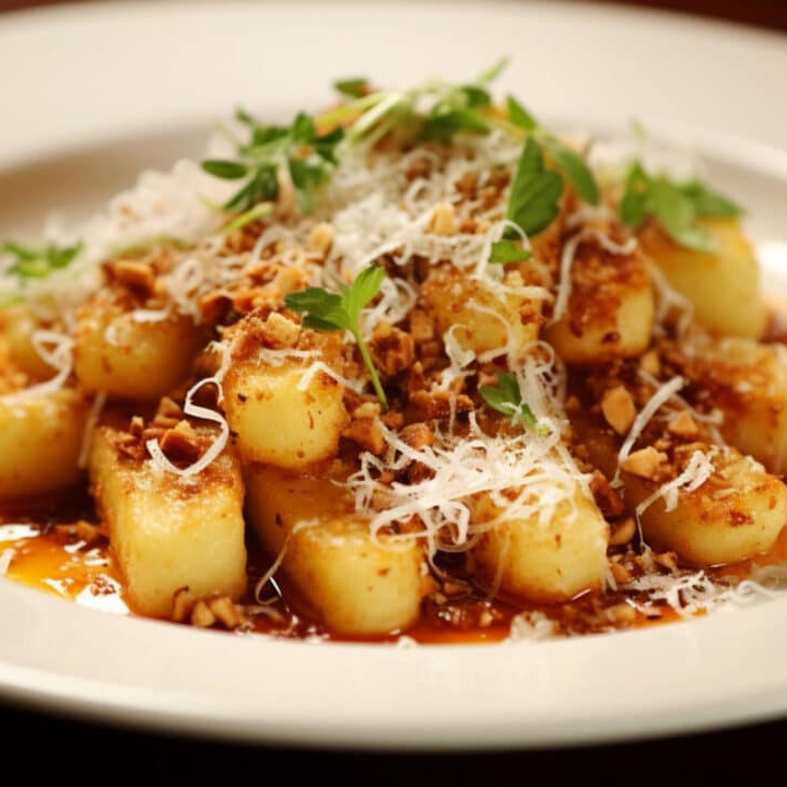 Nhoque Artesanal de Batatas, massa leve que desmancha na boca, acrescido de molho Bolonhesa, e queijo parmesão à parte.