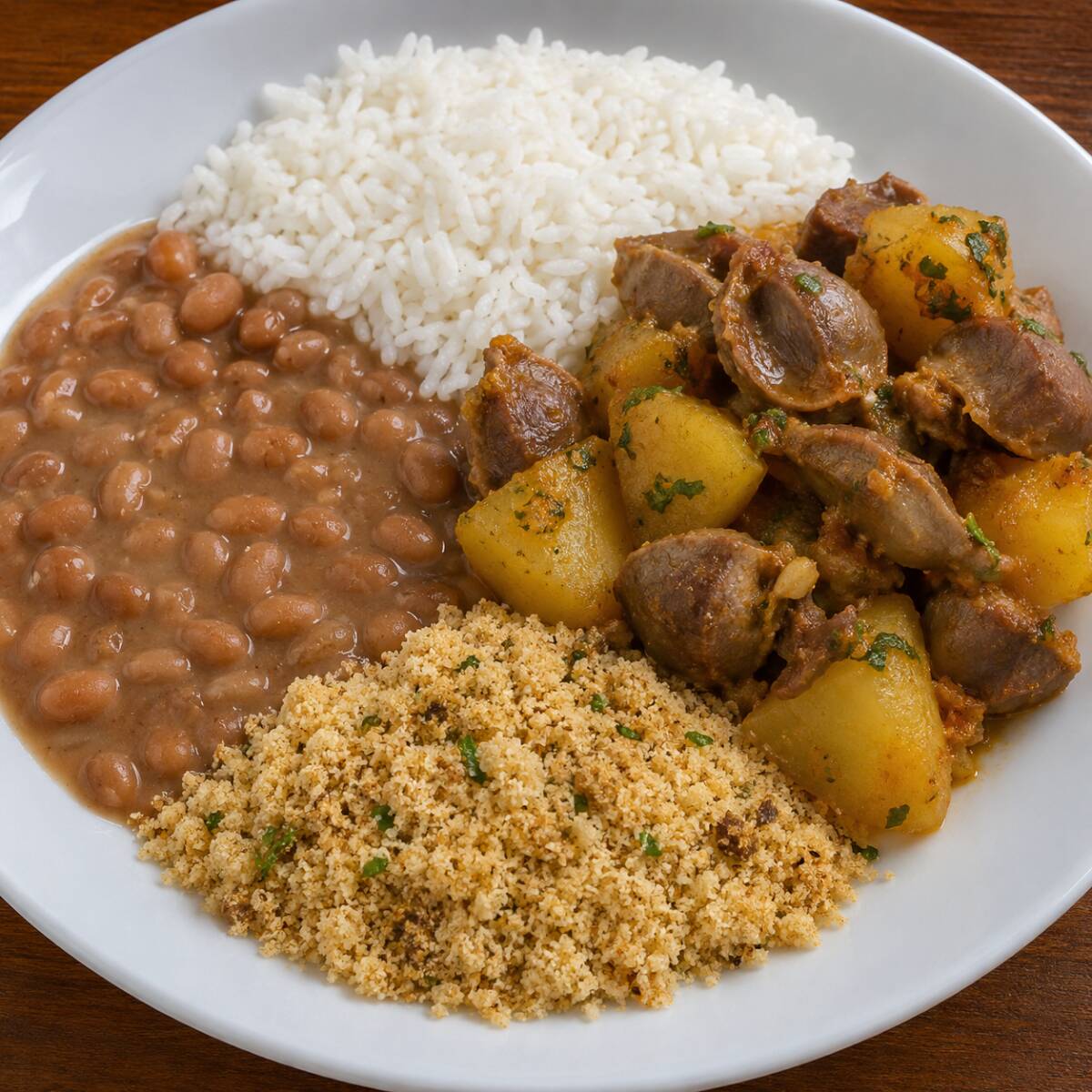 Saborosa moela cozida com batatas, acompanhada de arroz branco, feijão , farofa e vinagrete. 500g