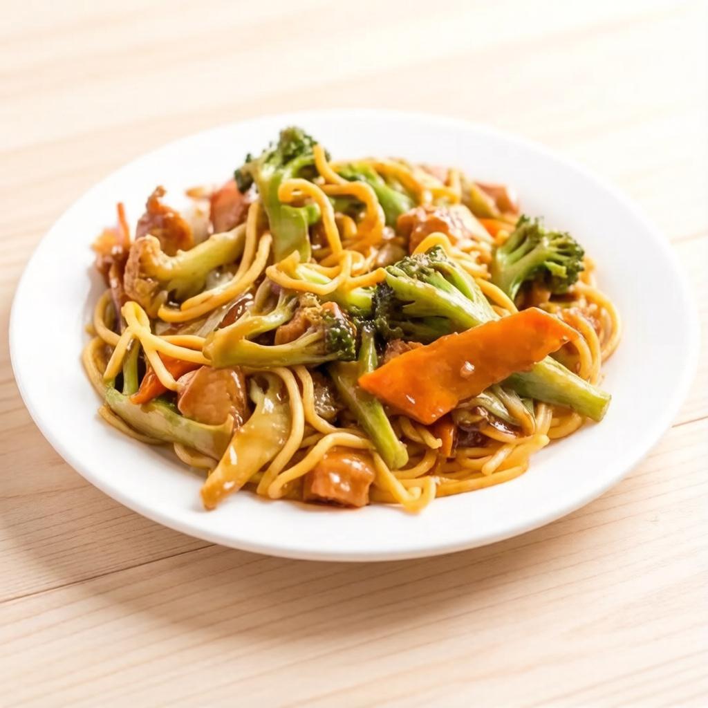 Delicie-se com nosso Yakisoba de Frango, uma combinação elegante de macarrão e frango suculento, perfeito para uma refeição saborosa e nutritiva.