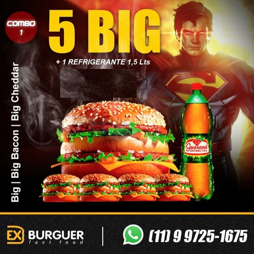 5 lanches + refrigerante 1,5L (de acordo com a disponibilidade do restaurante).