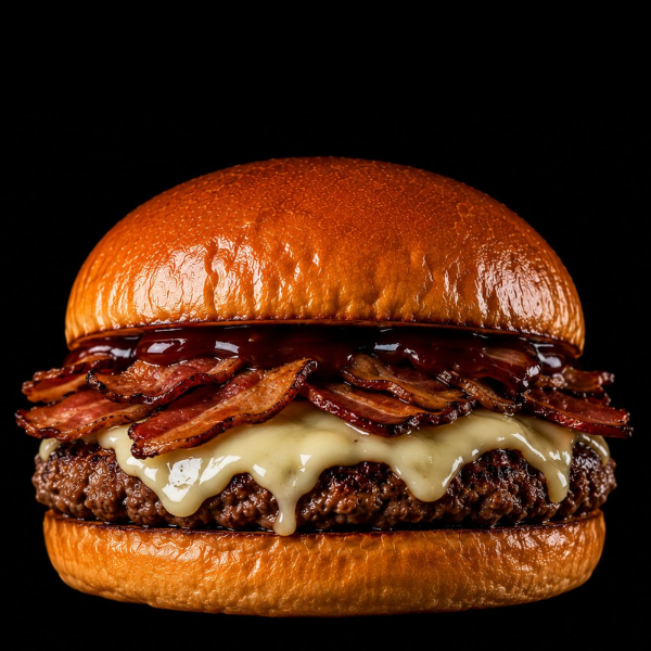 Hambúrguer de Costela 210g, Muçarela Derretida, Bacon Fatiado e Molho Barbecue no Pão Brioche. Defumado, Intenso e Feito Pra Quem Não Economiza no Sabor!