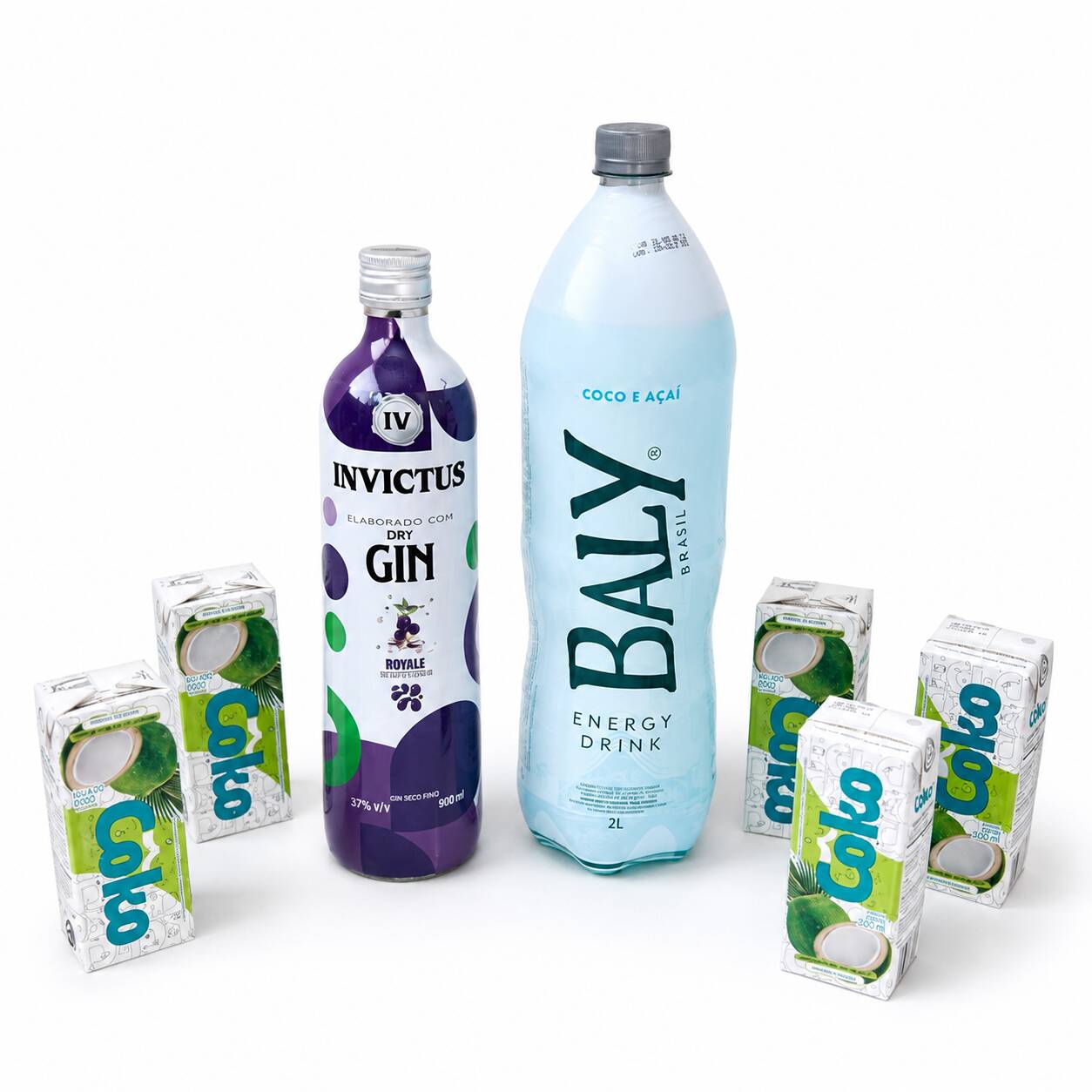 1 Gin Invictus Royale 900ml, 1 energético Baly Coco e Açaí 2L e 5 gelos Coko de coco 200ml. Um combo completo, refrescante e perfeito para preparar seus drinks.