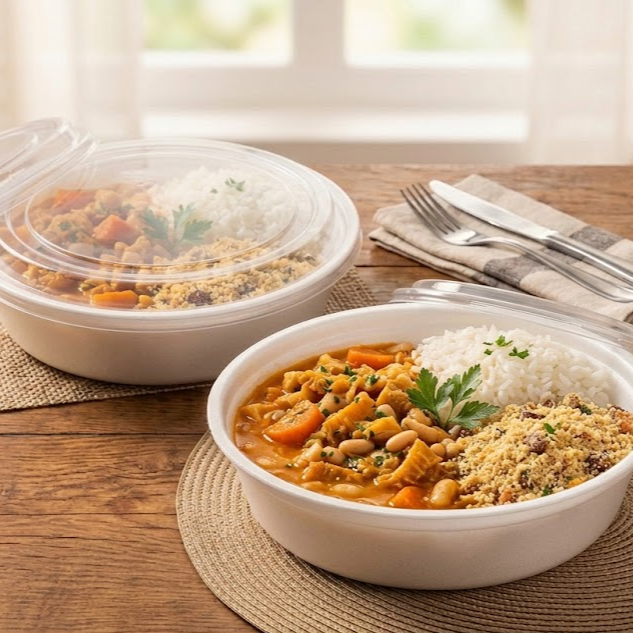 2 refeições de dobradinha na pressão com feijão branco , arroz e farofinha + Suco delvalle de laranja 1 litro