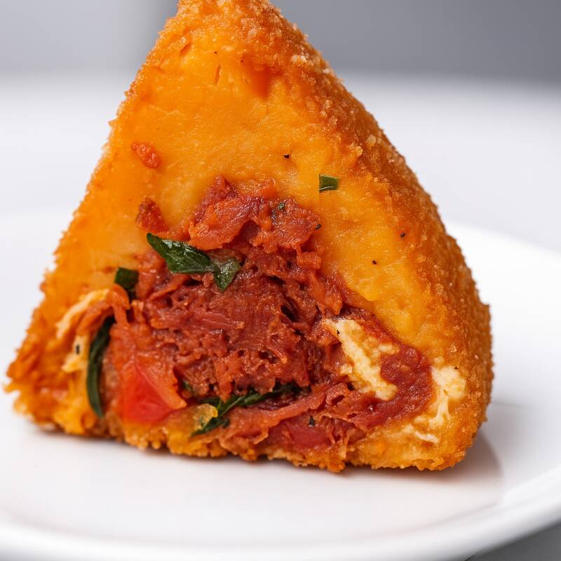 Uma coxinha caseira  feita com ingredientes  selecionados   e um recheio  de carne seca e creem  cheese  . E por fora uma caquinha crocante  , frita no ato do pedido