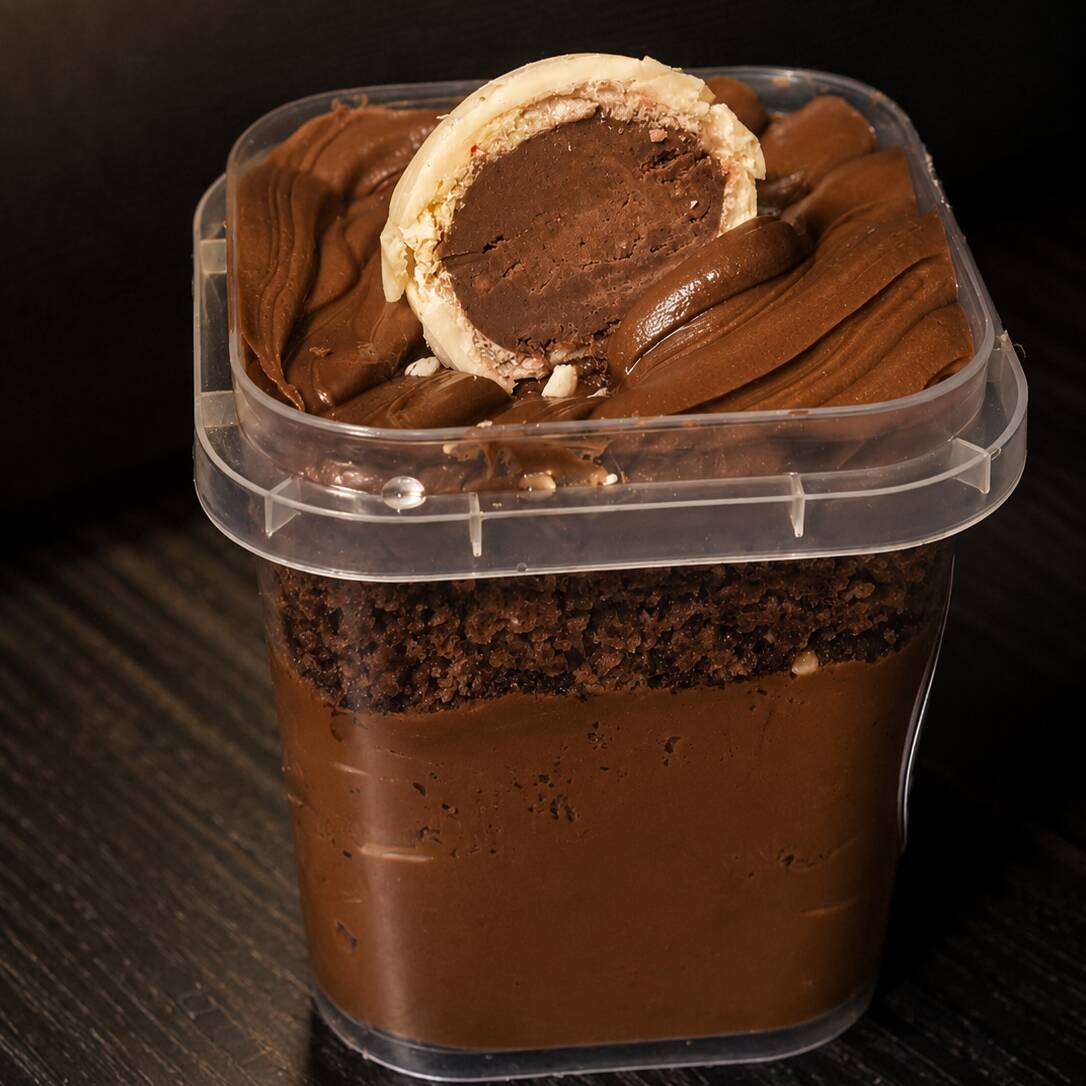 Bolo de chocolate, creme de chocolate, camadinha de nutella e ouro branco.
(220ml)