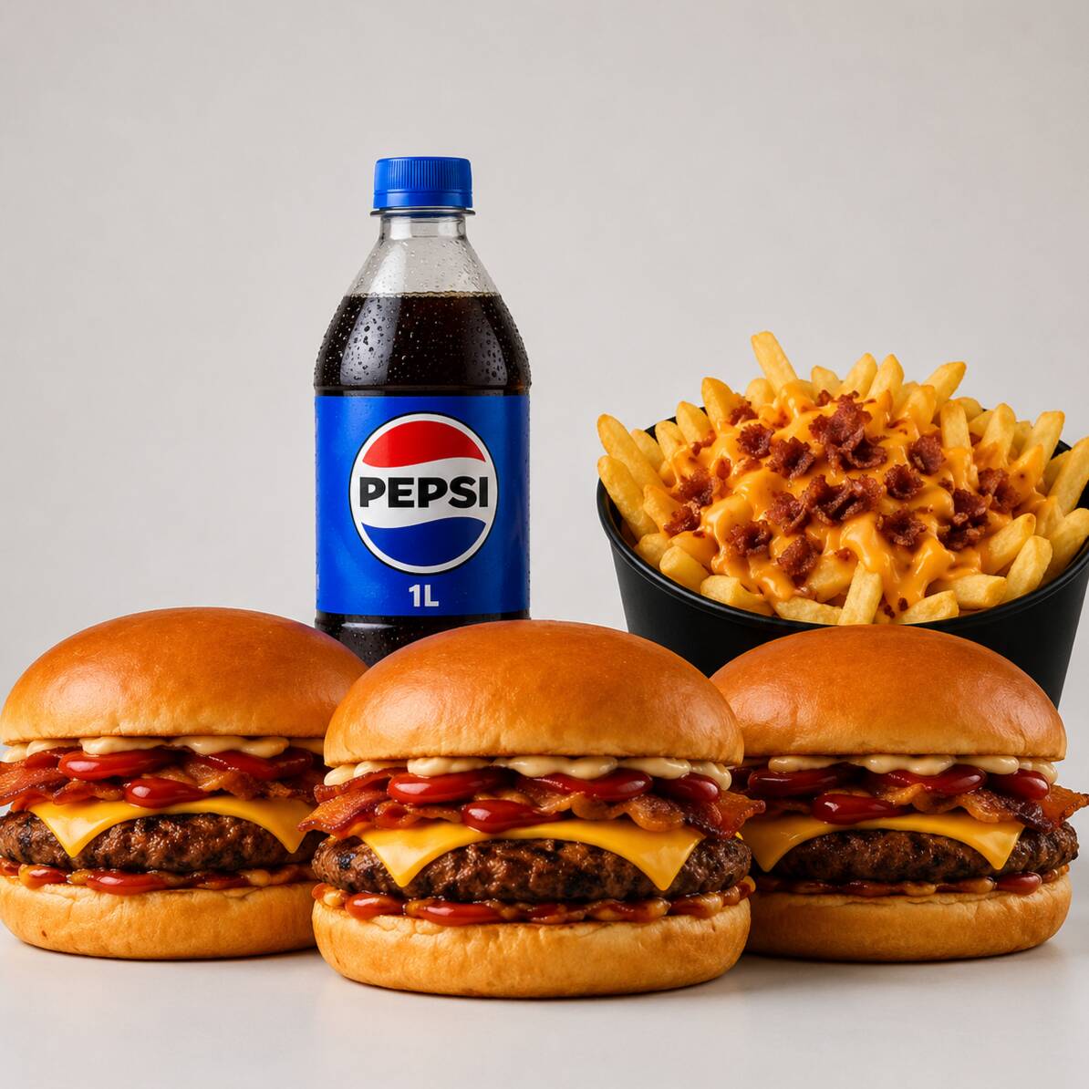 3 lanches - Pão Gergelim, carne, queijo e maionese da casa + 1 batata média + 1 Pepsi 600ml