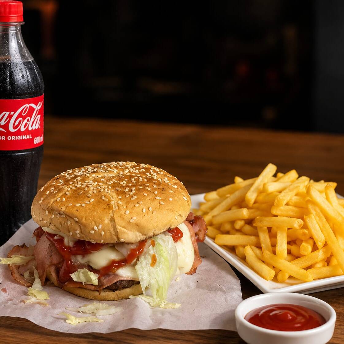 Hamburguesa Tradicional, Papas y un Refresco