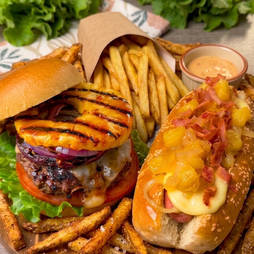 DUO TROPICAL HAMBURGESA Y HOT DOG HAWAIANO Y PAPAS