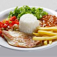 • Arroz branco • Feijão preto • Farofa de mandioca com calabresa • Abobrinha e cenora refogados • Espaguete ao alho e óleo