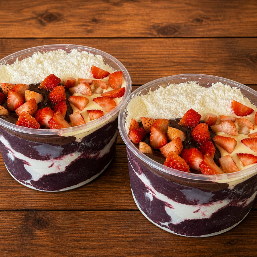 Dois Potes De 1 Litro Do Nosso Maravilhoso Creme De Açaí Com Camadas De Leite E Pó E leite condensado e No Topo Morango Creme De Avelã E Leite Condensado