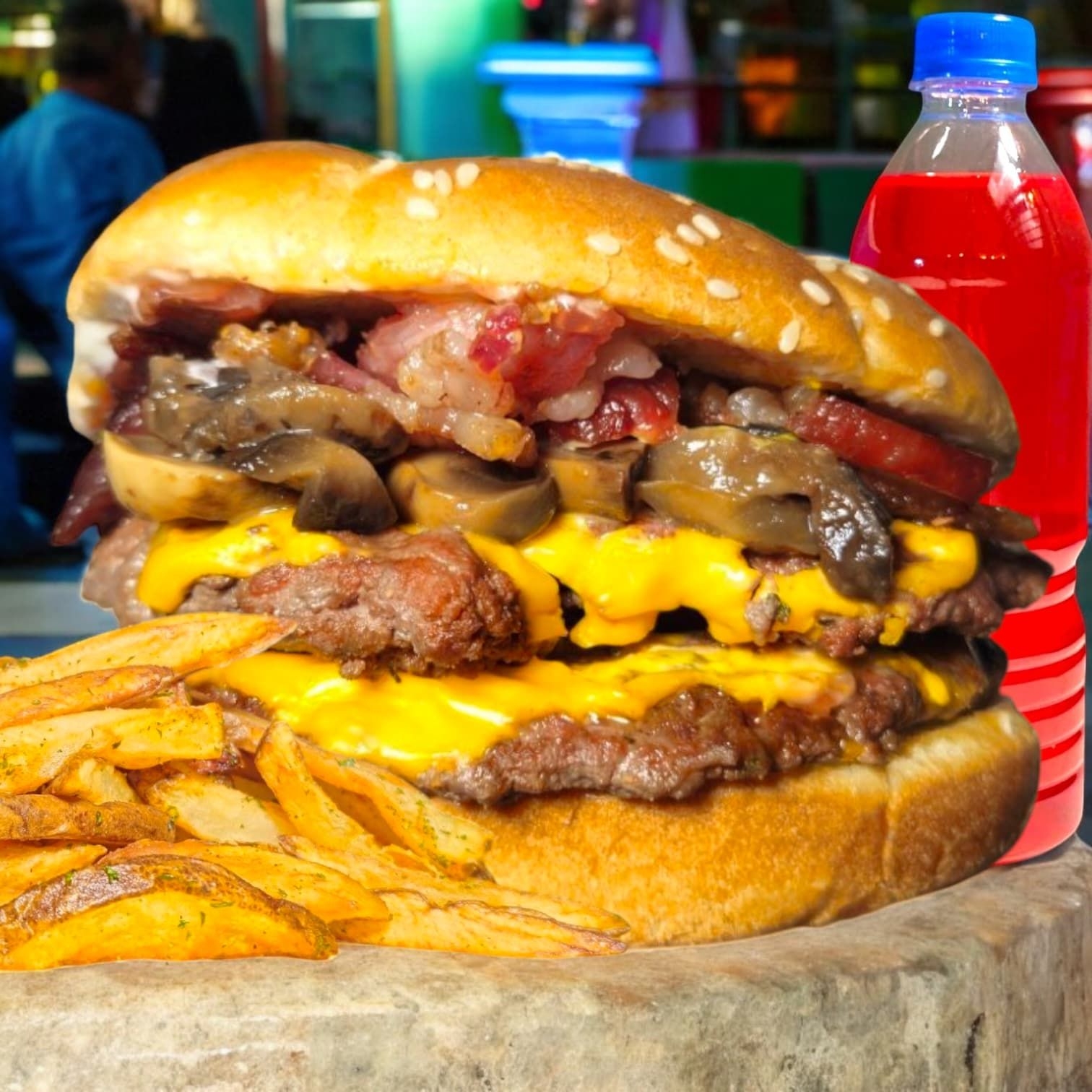 Combo Burger Doble Con Tocino Y Champiñón 🍔+🍟+🥤