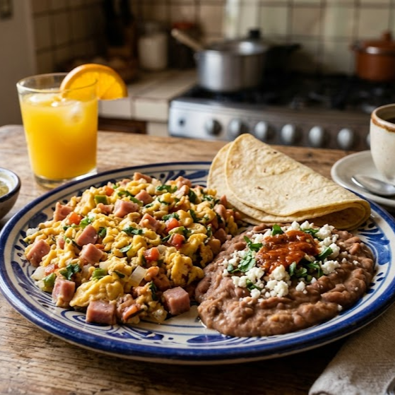 Huevo con Jamón y Frijoles