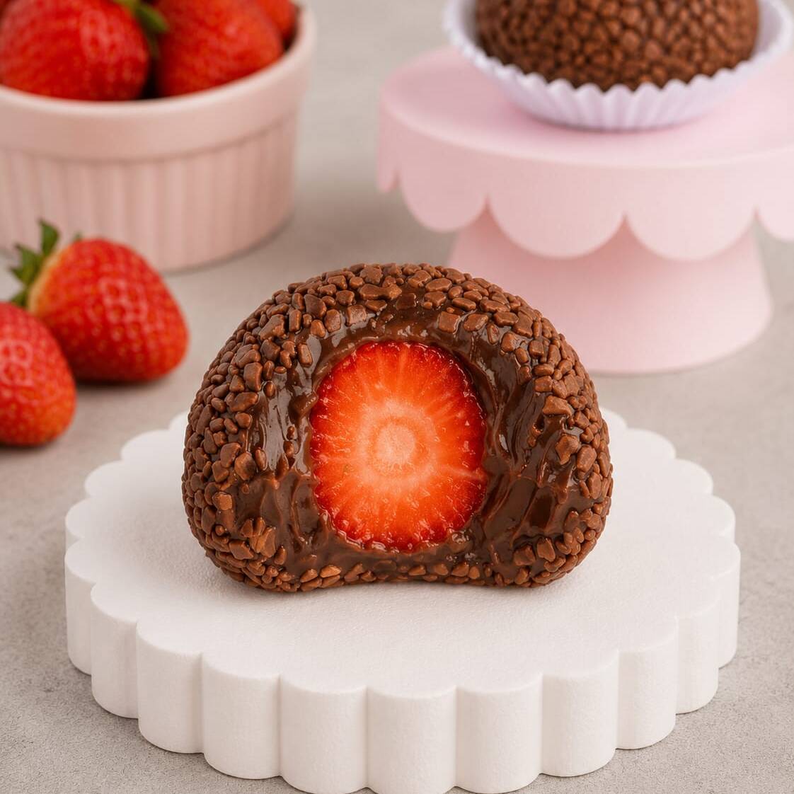 Morango selecionado coberto por brigadeiro gourmet e enrolado em granulado tradicional. Peso 50 g