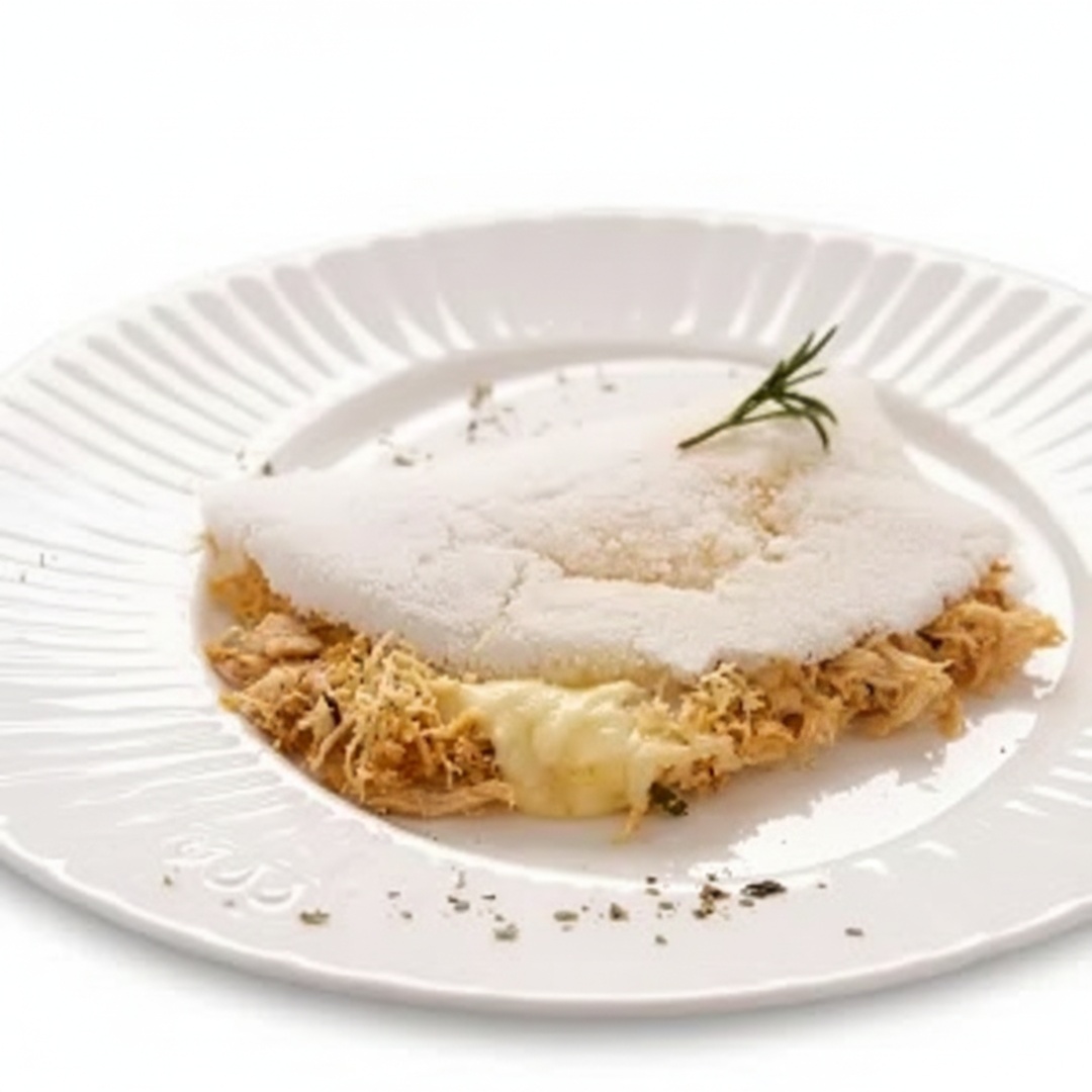 Frango desfiado e temperado com requeijão cremoso.