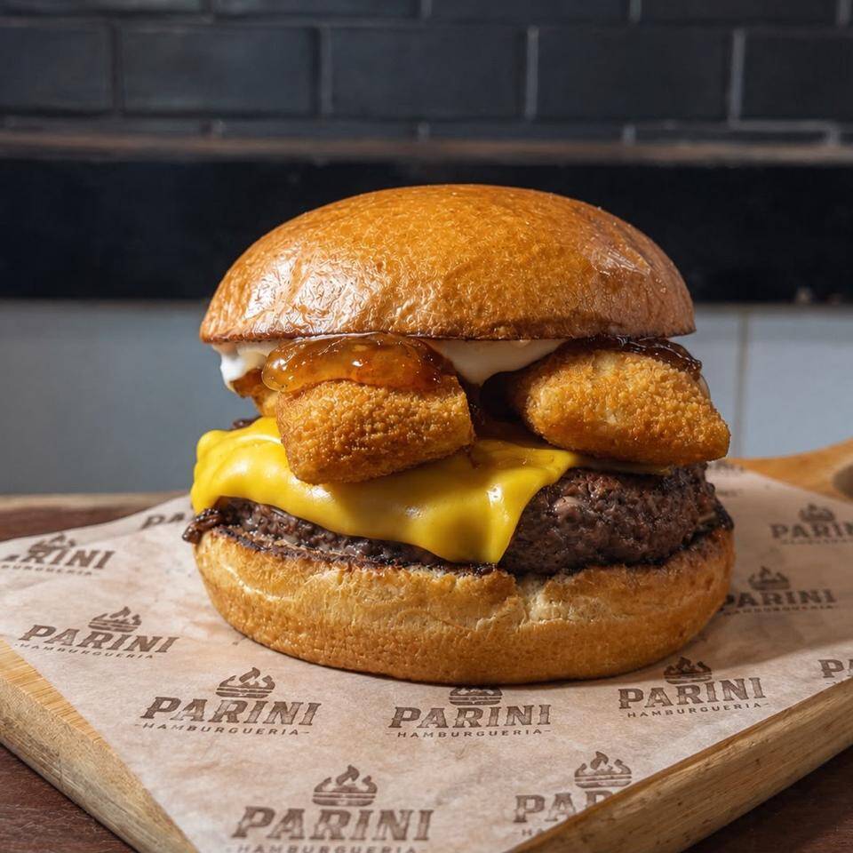 Pão brioche, Blend Angus 160g na brasa, cheddar cremoso, maionese da casa, geleia de pimenta e almofadinhas de queijo gouda.