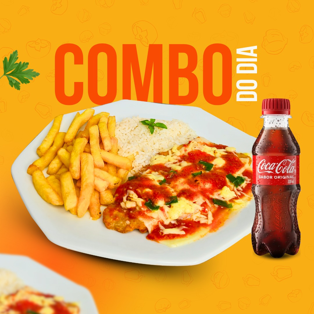 Delicioso Parmegiana a sua escolha com molho ao sugo cremoso, acompanha arroz, batata frita e uma coca2 00ml