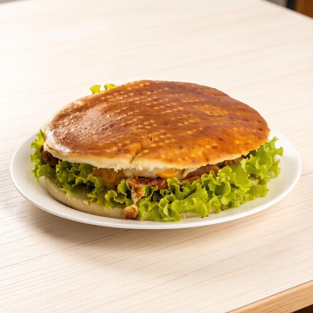 Contra filé, bacon frito, ovo, mussarela, presunto, salada e maionese
