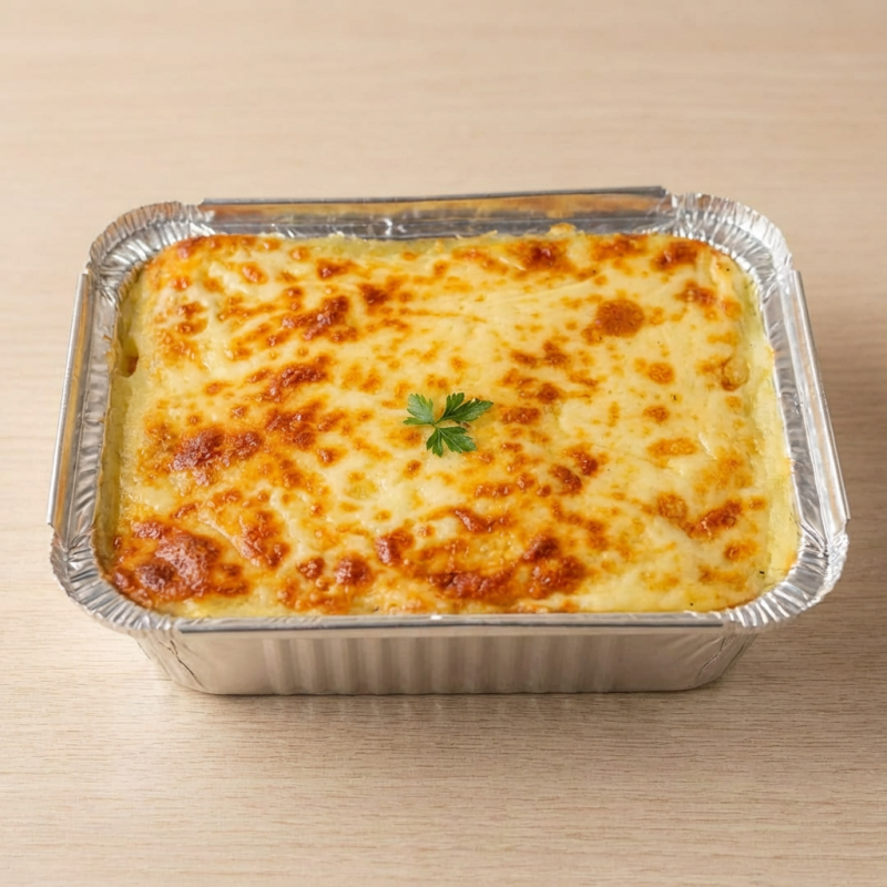 Purê de mandioca com recheio de frango com bacon , coberto com mussarela gratinada e Catupiry, acompanha arroz branco e batata frita