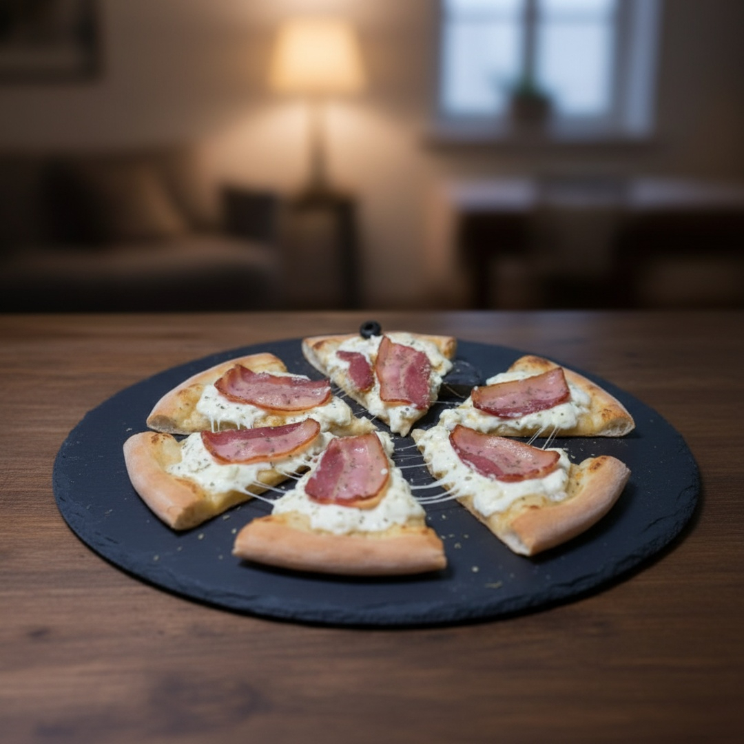 Deliciosa Pizza feita com nossa massa Artesanal, aberta na hora e recheio de Frango desfiado, temperadinho com especiarias frescas, Cream Cheese e Bacon Fatiado. A perfeição de Pizza!Sugerimos acrescentar Borda Recheada, sua Pizza ficará ainda mais Gostosa! **Serve bem até 4 pessoas.