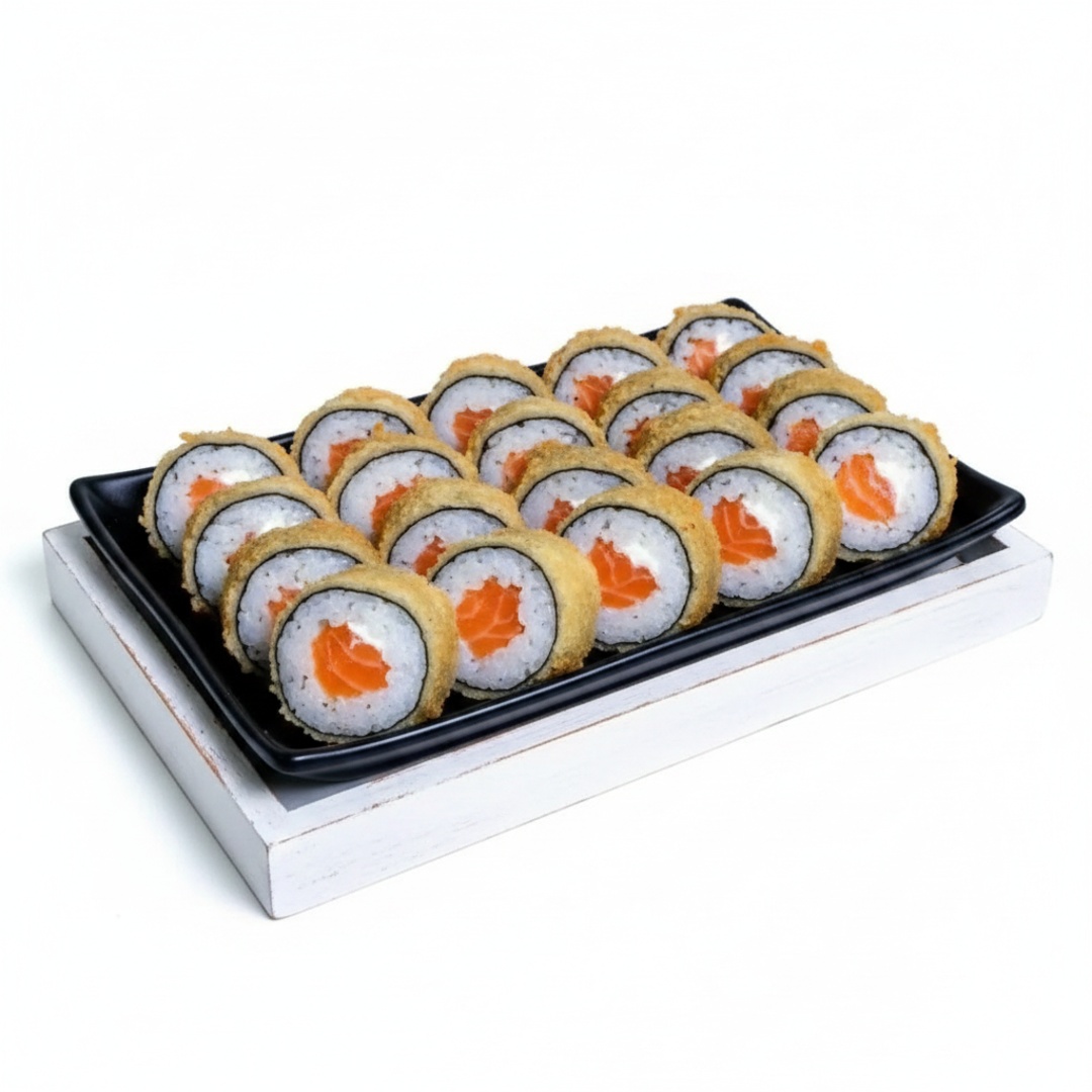 36 hots Philadelphia ( salmão, cream cheese, arroz japonês e cebolinha envoltos em alga com cobertura crocante de farinha panko).