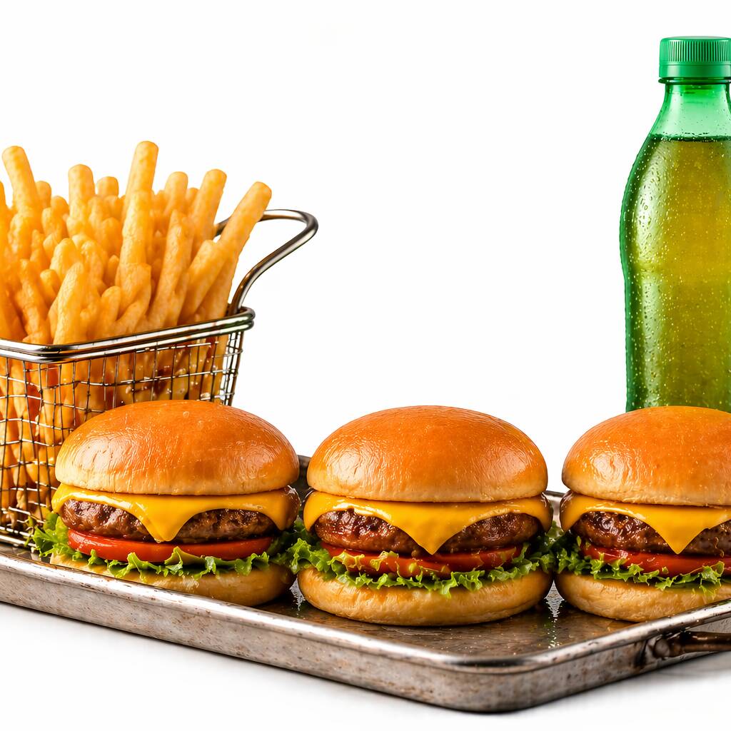Combo especial para matar a fome com estilo, lanche mais batata mais refrigerante. 3 lanches, refrigerante 2 L, batata frita.