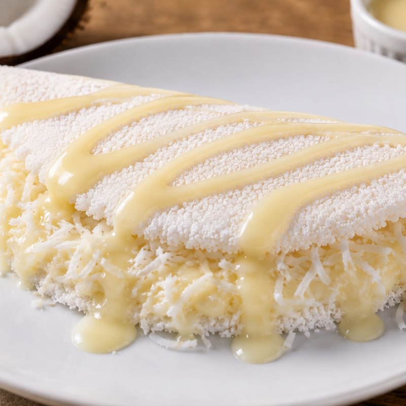 A combinação perfeita entre o doce e o irresistível! Tapioca preparada na hora, recheada com coco ralado, queijo e leite condensado, criando uma explosão de sabor, cremosidade e aquele gostinho caseiro que aquece o coração. Uma verdadeira tentação para os amantes de doces!