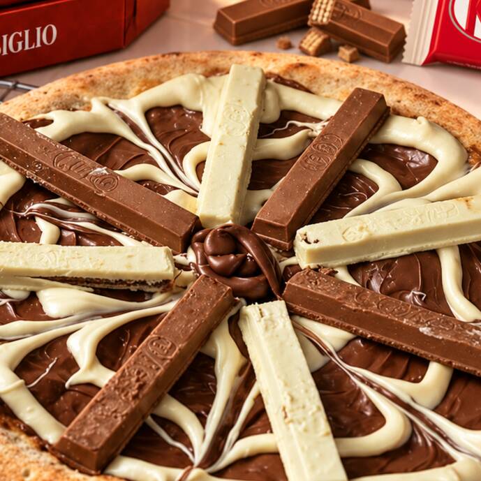 Pizza pequena (25cm, 6 fatias). Massa leve e de longa fermentação, coberta com generosas porções de chocolate branco e ao leite, finalizada com pedaços de autêntico KitKat.