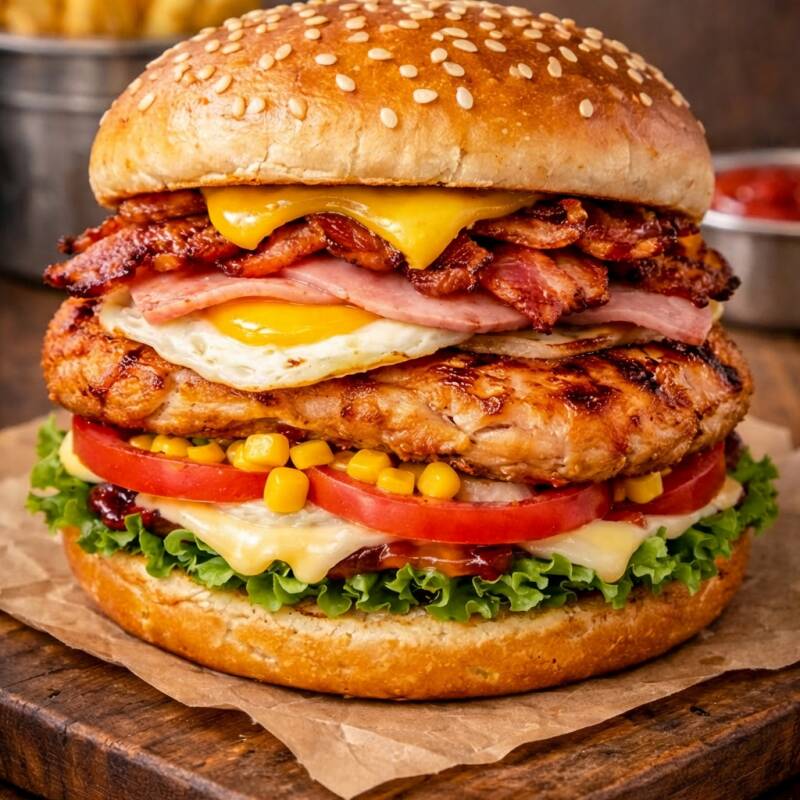Pão macio, filé de frango bem grelhado, queijo derretido, ovo no ponto, presunto douradinho e bacon crocante, formando um lanche completo e cheio de sabor. A escolha perfeita para matar a fome de verdade!