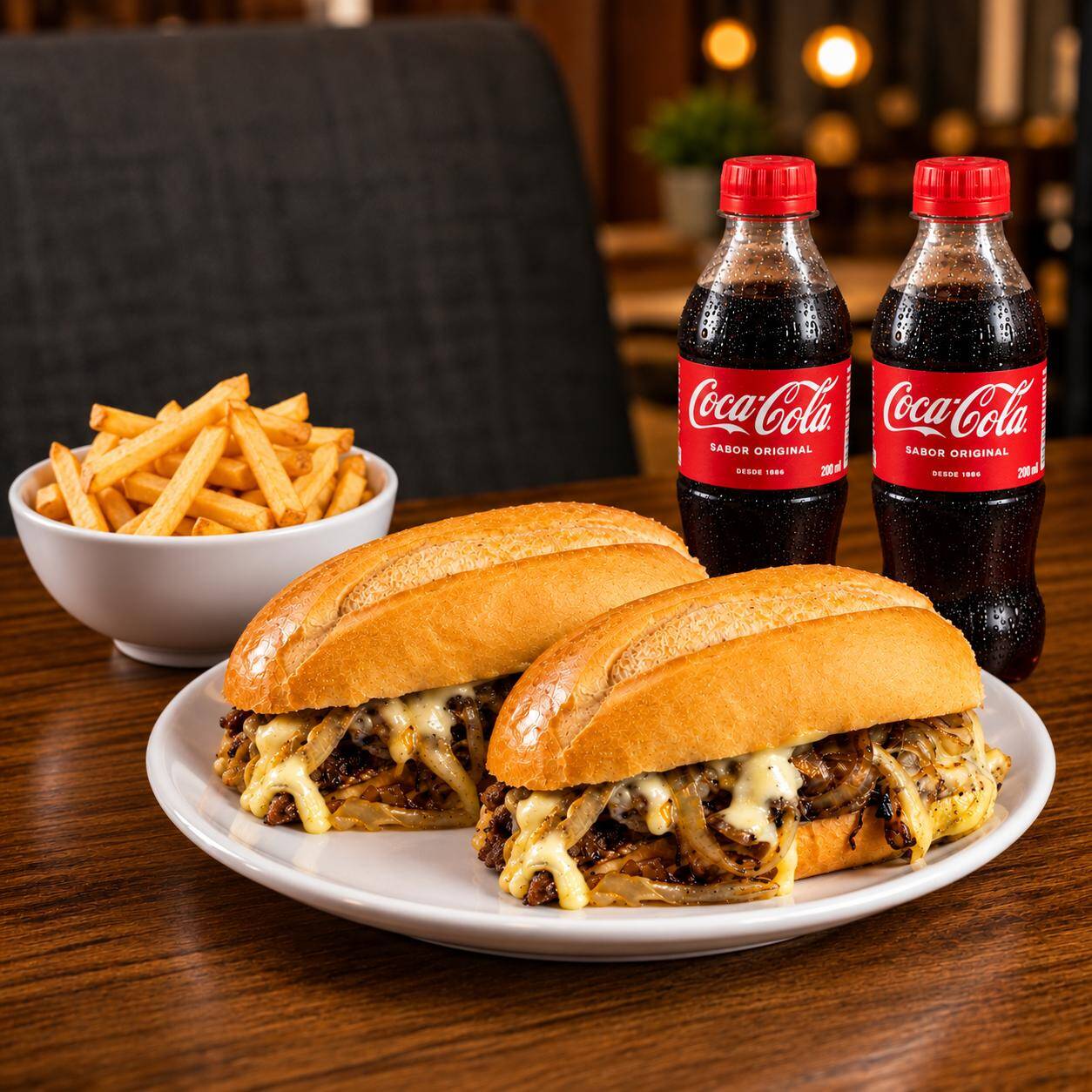 2 Burgers (X- Costela: Pão com Costela na brasa Desfiada e mussarela derretida)
1 Batata Frita
2 Coca Cola 200ml