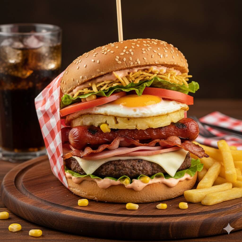 pao hamburguer ovo presunto muçarela milho salada batata palha
