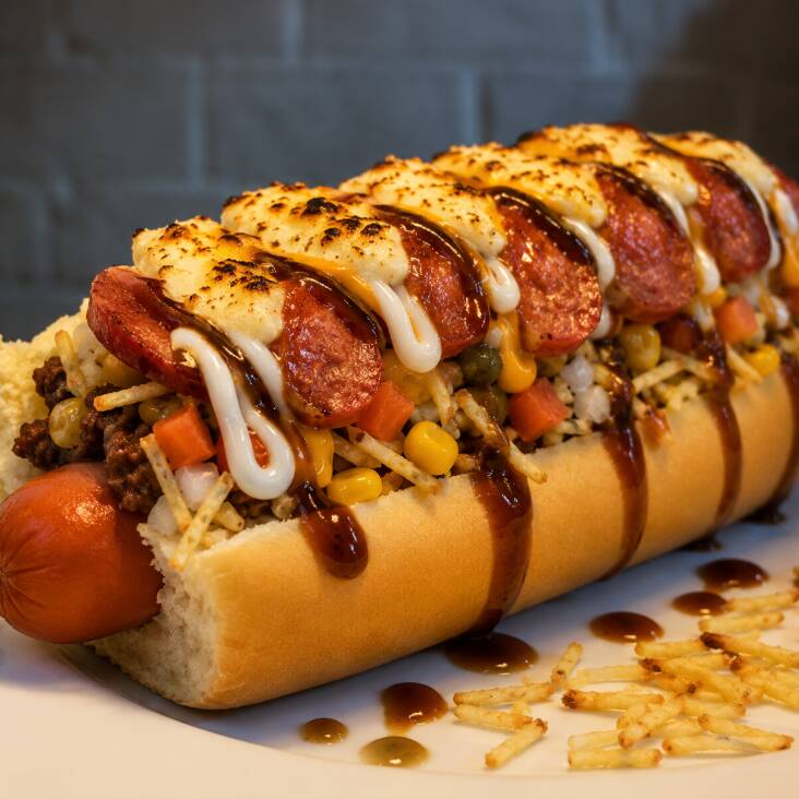 Pao,salsicha,carne moida, calabresa,cheddar,Catupiry,cebola,tomate,milho,cenoura,ervilha,batata palha,pure,queijo maçaricado,cebola, barbecue, maionese (caseira)