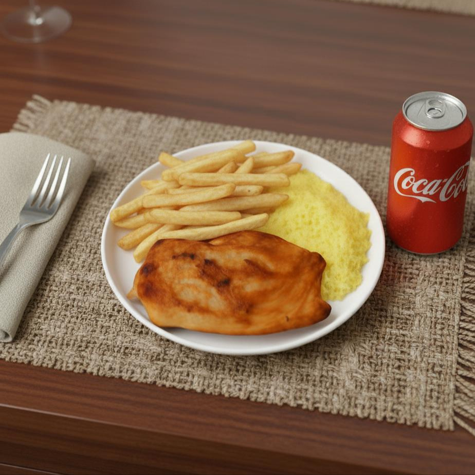 Frango à Milanesa: Deliciosos pedaços de frango empanados com uma crosta crocante e dourada, feitos com uma combinação especial de pão ralado e temperos. Um clássico da culinária italiana que conquista paladares com sua textura irresistível. Acompanhando arroz feijão macarrão farofa.