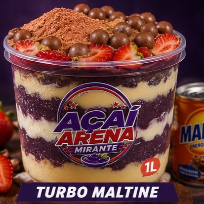 Açaí, leite condensado, leite em pó, creme maltine, morangos e pedaços de maltine.