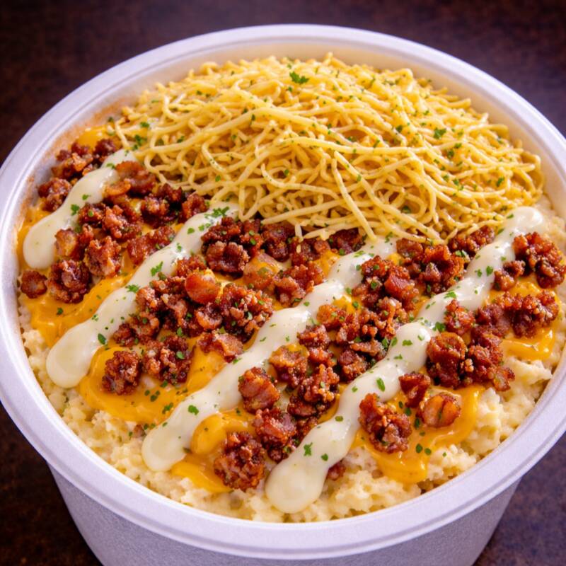 Batata cremosa carregada com bacon crocante em cubos, queijo mussarela derretida, cheddar e requeijão cremoso e finalização com batata palha para uma combinação intensa e irresistível.
