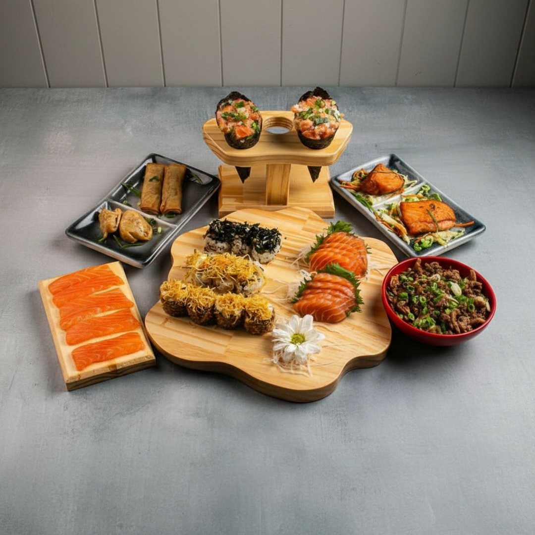 A combinação perfeita existe e eu posso provar. Ah e aqui não é prato feito não, você escolhe o quer no seu Rodízio em Casa, não é perfeito? Escolha Entrada Fria + Entrada Quente + Prato Principal Frio + Prato Principal Quente + Temaki + Bebida + Sobremesa e monte o seu. Acompanha um kit básico: 1 hashi, 1 shoyu e 1 guardanapo.