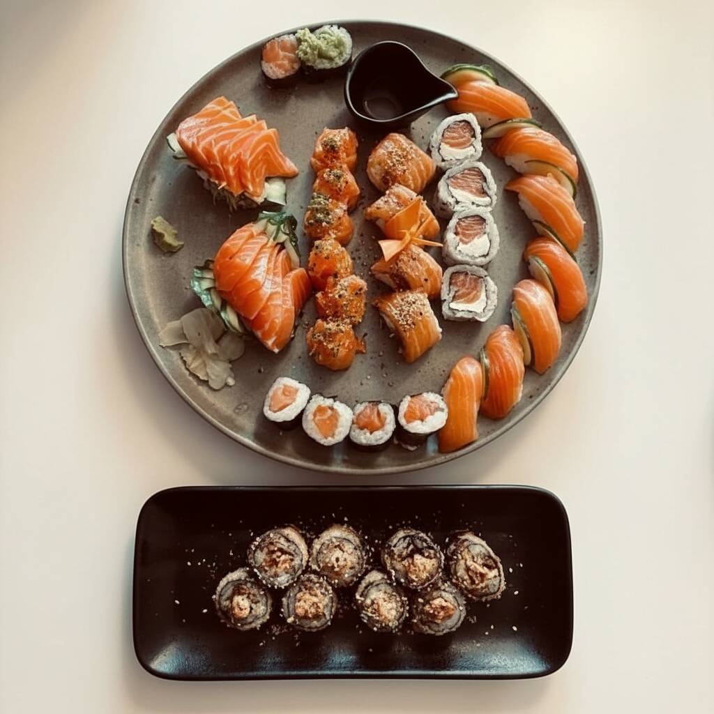12un sashimi salmão, 8un niguiri salmão, 4un uramaki filadélfia, 4un uramaki filadélfia especial, 8un hossomaki salmão, 6un joe salmão, 8un hot filadélfia
