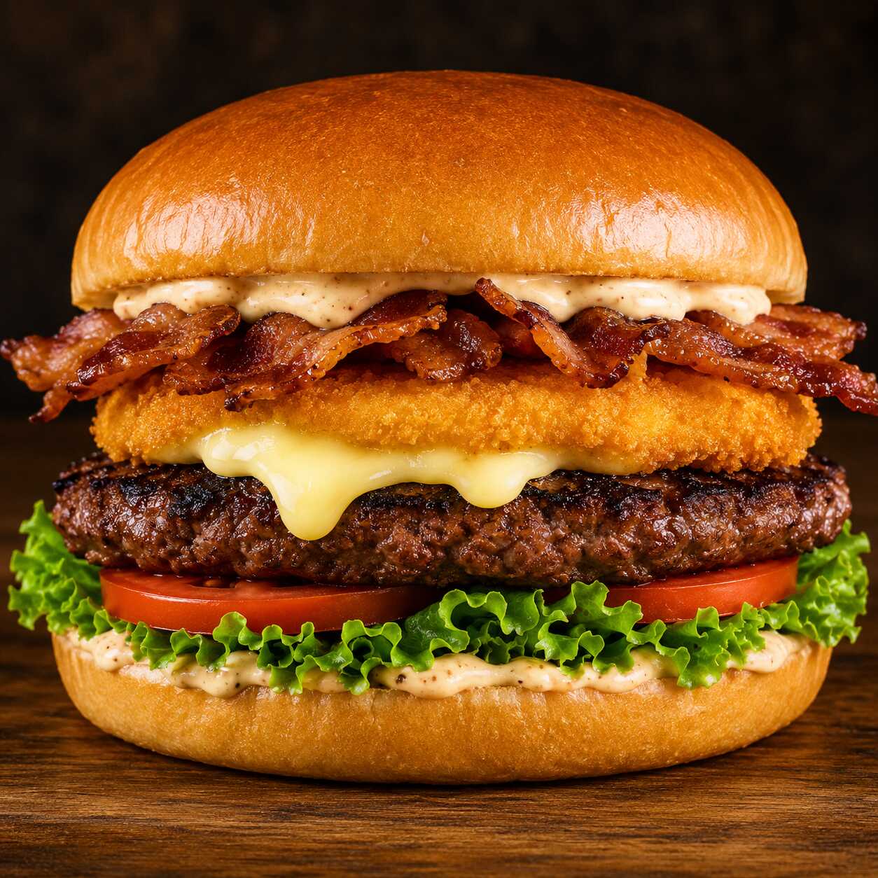 Hambúrguer artesanal, mussarela empanada e crocante, bacon, alface, tomate e maionese grill. Muito queijo, crocância e sabor em cada mordida.