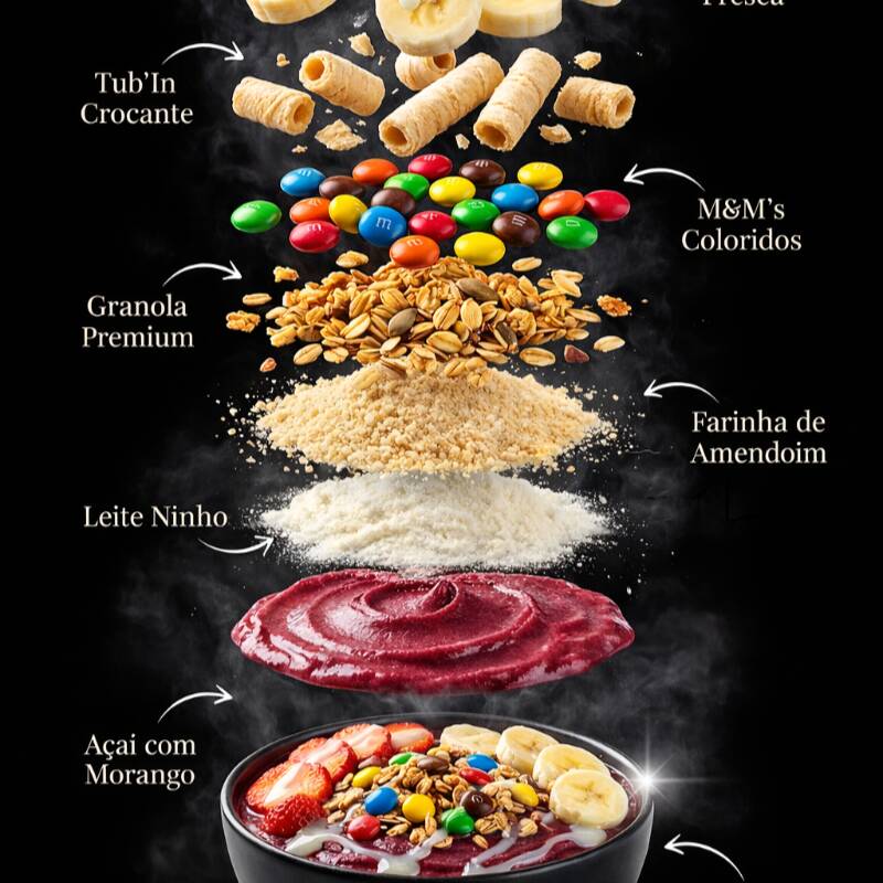 Cremoso, poderoso e do seu jeito. Nosso Combo Açaí Supremo 700ml é feito com açaí 100% natural da Amazônia, zero lactose e sem gordura trans — perfeito para energia e sabor a qualquer hora. Como funciona Escolha até 4 sabores do açaí: Tradicional, Banana, Morango ou Leitinho (chocolate branco). Ganhe 5 extras: selecione entre Leite Ninho, M&M’s, Tub’In, Granola, Farinha de Amendoim, Amendoim Granulado e Chocoball. Inclui 1 calda premium: Leite condensado, Morango ou Chocolate. 1 fruta fresca inclusa: Banana. Por que amar 100% natural, rico em antioxidantes. Zero lactose e sem glúten. Combinação cremosa com alta personalização. Dica do consultor Para mais cremosidade: peça com Banana + Leite Ninho. Para refrescância: combine Morango + calda de Morango. Para quem ama doce: Leitinho + calda de Chocolate. Peça agora e monte sua tentação cremosa da Amazônia em 700ml!
