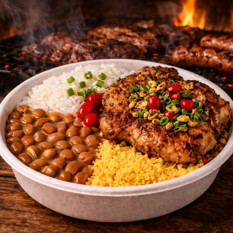 Suculento pedaço de file de coxa de frango frito no ponto certo, acompanhadas de arroz soltinho, feijão caseiro, farofa crocante e saladinha de vinagrete. Finalizada com cebolinha e um toque de pimenta biquinho. Uma explosão de sabor!