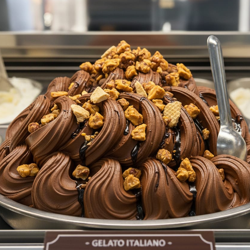 Um gelato artesanal de chocolate com avelã, enriquecido com irresistíveis pedaços de praliné de amendoim caramelizado. Contém creme de leite fresco! (Imagem meramente ilustrativa)