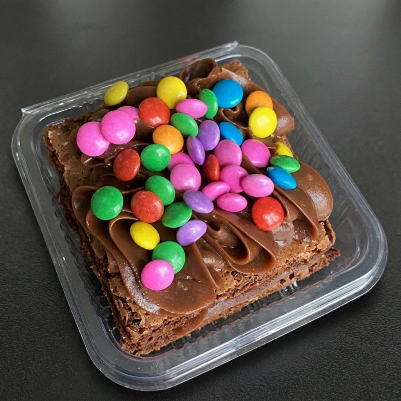 Brownie com Cobertura de Brigadeiro', feito com os melhores ingredientes e coberto com brigadeiro gourmet, envolto em uma camada perfeita de confetes coloridos.