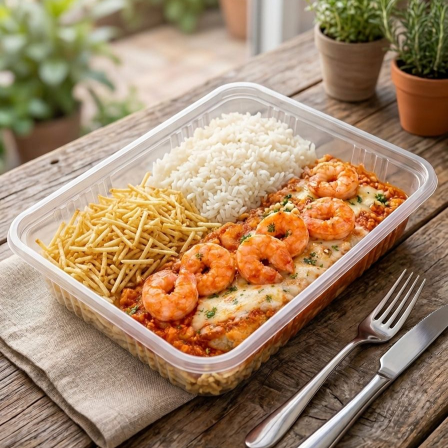 Deliciosa isca de Peixe douradinha coberta com um molho especial e Camarão acompanhamento Feijão fresquinho , Arroz branquinho e batata palha ideal para 1 pessoa 500gr