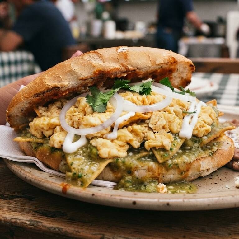 Torta de Chilaquiles con Huevo Revuelto
