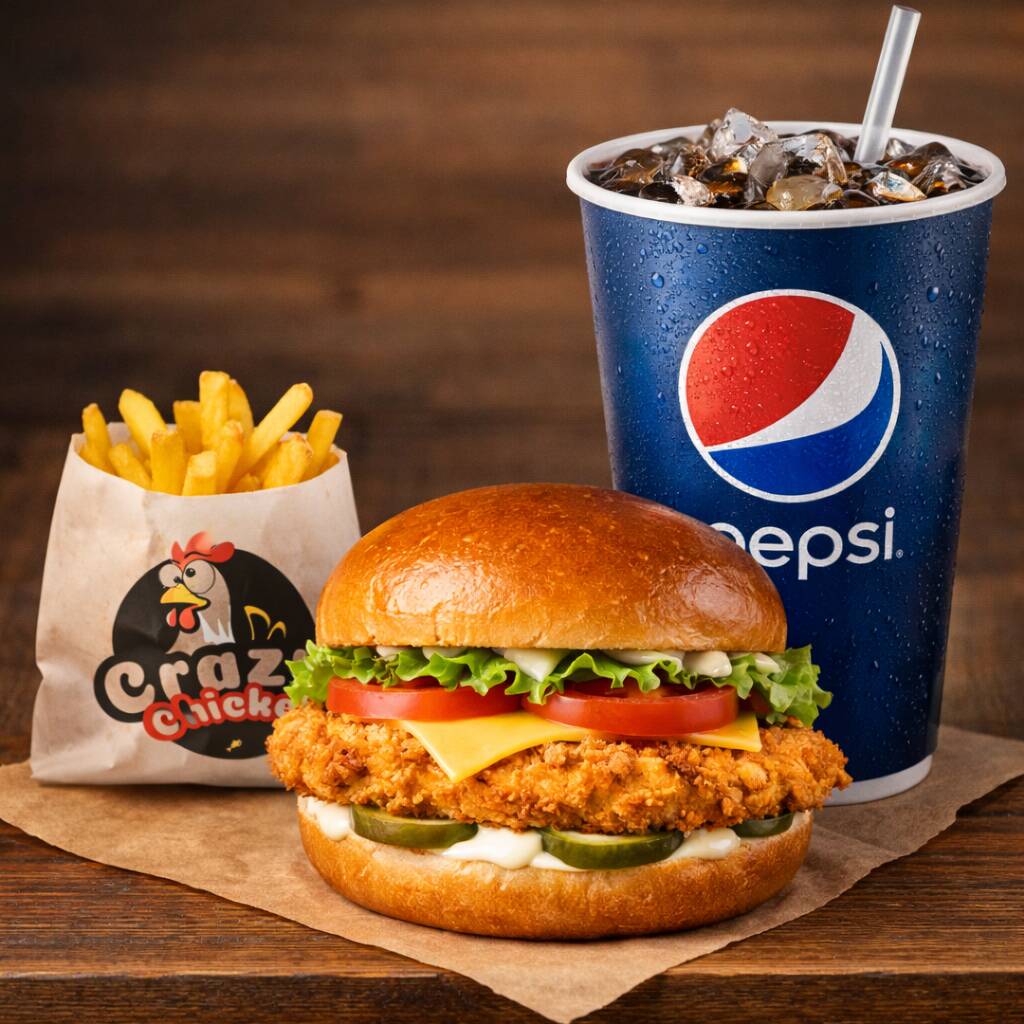 HAMBURGUESA DE POLLO + PAPAS + REFRESCO